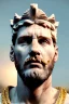 Placeholder: Realistic image, Roman sculpture made in white marble with gold veins, Lionel messi with gold laurel leaves crown, decorative star on the chest, waist up portrait, marble material, gold ornaments, Baroque style, sun rays background, epic, celestial, cinematic lighting, God lights, 4k resolution, smooth details, soft lighting, unreal engine 5, art station, substance 3d.