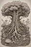 Placeholder: Cross section of ground showing a gnarled root system, with tiny strange creatures living among the roots, ink drawing, sharp lines, sharp contrast, whimsical style, detailed