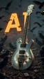 Placeholder: "ancient glowing metallic white electrical guitar on a guitars graveyard ruined, surrounded by black birds runes , a background with a 3d Text of “ AI “ word dramatic spotlight, 16:9, high detail, no humans."