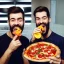 Placeholder: A picture of two men. One of the men is very thin and is eating vegetables and drinking water. The second man is eating a pizza and he is obese