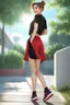 Placeholder: full body ,young woman with clear eyes, messy bun hair, bouncing looking back, soft velvet red/black two piece printed outfit, morning sun, cute, full body, ultra realistic, a variety of small details in the background, hyper realistic, surprised, sweet smile, 8k, HDR, 500px, by Koos Roos