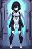 Placeholder: Cyberpunk hacker, black hair, short hair, cybernetic eyes, standing in mists, Female, dark art, Ivory Peach skin, cute