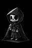 Placeholder: funko skeleton in a black hooded cloak drawn in a retro mascot style, inside a light diamond shape on a black background, monochromatic