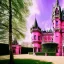 Placeholder: concept art, concept design, neogothic palace, neo gothic, aesteric, pink walls, pink exterior, glass exterior, english garden around, gardens, plants, trees, volumetric light, photorealistic, high quality, cinematic, sunny, natural blue sky, cozy clouds