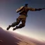 Placeholder: a soldier jumping off of an airship, during a war in a desert