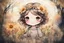 Placeholder: double exposure, merged layers, painted and burned burlap, cute chibi contented anime flower princess in a flowergarden, melting watercolor and black ink outlines on wet paper, soft, shading strokes, in sunshine, ethereal, otherwordly, cinematic postprocessing, bokeh, dof