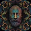 Placeholder: T-shirt design graphics on black background, Parametric structure, vivid colors, fluorescent, DMT, bioluminescent, frontal bearded man Head in mandelbrot style, Escher style, intricated details, cyberpunk, few colors, surreal, symmetrical, high contrast