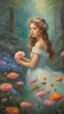 Placeholder: Oil painting of a beautiful girl, fantasy, dream, forest, glitter background, beautiful, oil painting, fantasy art, fairy, young girl, beautiful portrait painting, flowers, colorful, inspired by Thomas Kinkade, fine art, 8k