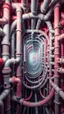 Placeholder: a complex tangle of pipes, joints, vortices of pipes, taps, drain pipes, like a kaleidoscopic tunnel