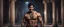 Placeholder: Hyper Realistic shirtless muscular handsome short black hair Indian King smiling & holding sword in a huge dark haunted hallway with traditional pillars at night