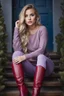 Placeholder: beautiful 18 year old girl with ash blonde hair and blue eyes with her curvy hair down, wearing a long-sleeved woollen top, and lilac long leggings, with long red boots full body shot