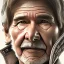 Placeholder: stunning photo realistic head to waist portrait of harrison ford as han solo in star wars with photo realistic short hair by alice zhang,Sam Spratt, Yi Fan, Houston Sharp, Matija Obrovac, Sharp focus, brown eyes, realistically and naturally weathered real skin,space jacket from star wars, intricate