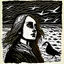 Placeholder: A portrait of a young woman on the beach in dark sea weather and a seagull over it as a linocut
