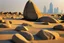 Placeholder: Sunny day, people, rocks, sand, distant modern city