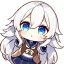 Placeholder: Clear focus, High resolution, long white hair, hair between eyes, straight long locks, sparkling blue eyes, wearing a sailor uniform, wearing a sailor skirt, wearing a brown vest, cute, 1girl, fluffy hair, cute, chibi, cartoon, rough line art, white background