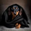 Placeholder: Disney style picture of a black and tan short hair dachshund puppy of 7 months. wrapped up in a blanket