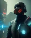 Placeholder: A badass wearing a broken mask, full body, standing, atmospheric, realistic, unreal engine, cinematic lighting, octane render, cyberpunk city avenue, light dust, 8k