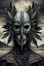 Placeholder: An surreal stunning image of a crepy ritualistic Feathered face Mask mutant witd dark eyes, pale skin, on creature, with dark muted tones, a grim and weird atmosphere, textured impasto-like effect with ink, intricate details, surreal vibe, expressive focusing, muted tones, gradients, thriller and utopistic mood, in background barren landscape, ruins, dark shadows