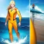 Placeholder: anime surfer boy wearing orange wetsuit, anime with realistic body feature details, high waves, full length cinematic view, blonde hair, waves in the ocean