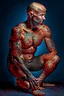 Placeholder: a full body display of a beautiful man with cancer, his skin composed of cancer shaped cells, they cover his entire body like a tattoo, symbolic for wearing his illness on the outside, no hair, in a dramatic pose in a photo studio, he sits with his face slightly hidden as he is shamed, lighting with focus on skin, ultra photo realistic, 32k, highly detailed,. selective colors