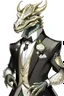 Placeholder: A silver Dragonborn from dnd wearing a tuxedo