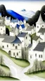 Placeholder: A white simple village with eyes painted by the Limbourg brothers
