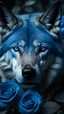 Placeholder: real wolf in headshot in large blue roses. Looks bold Fierce brave