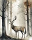 Placeholder: deer with antlers standing sideways, looking at viewer, water color painted, among tall simplified tree trunks, foggy