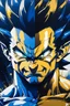 Placeholder: Poster in two gradations, split in half, one side "Vegeta's face", other side "Goku's face", midline of the face, painting by Yoji Shinkawa, dark blue and GOLD detailed iridescent, metallic, translucent, dramatic lighting, hyper futuristic, digital art,