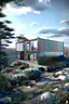 Placeholder: Medium-sized modern house made from shipping containers, on a hill overlooking the woods, photorealistic