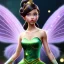 Placeholder: Tinker Bell fairy,detailed eyes, disturbed expression.intricate detaile,thnically accurate face, intricate head dress,intricate fairy dress, detailed hair, detailed feathers,fairy wings use dynamic palette, accurate proportions, high contrast black smokey bokeh background.korra character style.