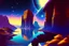 Placeholder: Rocky alien landscape with cliff, river, galaxy, sci-fi, epic