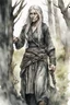 Placeholder: ink wash and watercolor illustration of an ancient grizzled, gnarled female vagabond wanderer, long, grey hair streaked with black, highly detailed facial features, sharp cheekbones. Her eyes are black. She wears weathered roughspun Celtic clothes, emaciated and tall, with pale skin, full body , thigh high leather boots within a forest of massive ancient oak trees in the comic book style of Bill Sienkiewicz and Jean Giraud Moebius , realistic dramatic natural lighting, rich earth tones