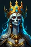 Placeholder: personaje de videojuegos La Reina de los muertos, es un jefe del infierno, es una fantasma, tiene una corona de reina común de oro y con una calavera de tamaño mediana tiene piel celeste y ojos celestes, y no tiene torso ni boca ni ropa