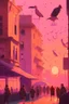 Placeholder: sunset, light pink, light orange, light yellow, light violet, buildings, city, people, market, houses, streets, lamps,birds