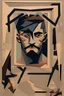 Placeholder: Abstract men with hammer in the night, dark soft colors intricate details, cardboard style, image inside frame