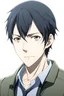 Placeholder: Anime Man main villain character with black hair, wearing normal clothes, aged 17, looks smart, intelligent,and daddy