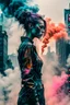 Placeholder: an impasto and tint line photo of a sad cyberpunk girl standing in front of a city made of smoke, ink leak, bronze - skinned, geometric curves, featured art, philosophical splashes of colors, art brought to life, soul shock