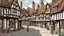 Placeholder: A Paved Courtyard, With Tudor Gothic Houses, Tall twisted Chimneys, warped Rooves, People, Shops,