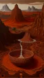 Placeholder: A brown badlands with boiling lava designed in Mexican folk art painted by Giovanni Battista Sassi