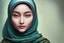 Placeholder: A painting of a smiling beautiful Uighur moslem woman with long dark blue and light green hijab, 22 years old, beautiful big , symmetrical eyes, blond hair, painterly style, detailed, 8k, by Ashley Wood. --ar 3:2 --stop 80 --uplight