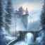 Placeholder: fantasy art, book illustration, wizard skating up the stairs of a bridge or dam ,icy water, on the bridge is a wolf,seen from the tree tops