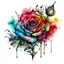 Placeholder: watercolor tattoo of a rose, multicolored, splashes, black fat outline, tattoo flash, isolated on a white background