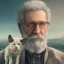 Placeholder: old man with glasses, with dog travels the universe of sound, photorealistic, 8k