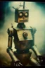 Placeholder: steampunk, vintage analog polaroid of a woman robot, female body, fog, lomography, heavy film grain, night, color bleed, depth of field, bokeh, retro