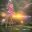 Placeholder: pink lady, hovering over pond, river, glowing, orange