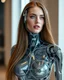 Placeholder: a photoshoot view fullbody beautifull Russian Supermodel long hair having humanoid body robot transparent visible glass shiny explore inside details mechanical parts