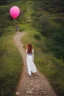 Placeholder: A beautiful girl walking along a mountain path, walking against the wind with balloons in her hand. nature, HD photography, Galen Rowell, David Muench, perfect composition, gloss, hyperrealism