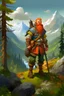 Placeholder: Realistisches Bild von einem DnD Charakters. Männlichen Zwerg mit orangenem Haaren. Er steht im Wald mit Bergen im Hintergrund. Er sieht aus wie ein Jäger