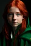 Placeholder: A girl with red hair and green eyes and she is wearing a Hogwarts robe